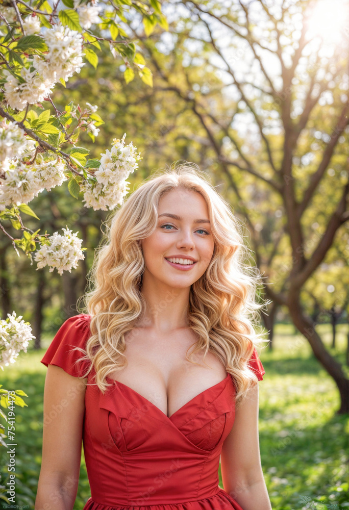 Spring portrait of a young beautiful blonde girl with a dazzling smile, Generative AI Spring portrait of a young beautiful blonde girl with a dazzling smile, Generative AI