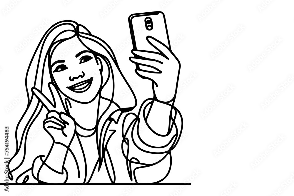 continuous one black line art drawing cheerful young girl holding smartphone to taking acting selfie or video call through mobile phone outline doodle vector family travel concept continuous one black line art drawing cheerful young girl holding smartphone to taking acting selfie or video call through mobile phone outline doodle vector family travel concept