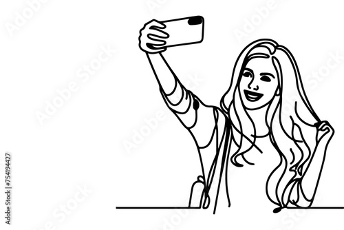 continuous one black line art drawing cheerful young girl holding smartphone to taking acting selfie or video call through mobile phone outline doodle vector family travel concept