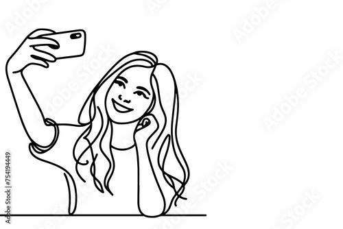 continuous one black line art drawing cheerful young girl holding smartphone to taking acting selfie or video call through mobile phone outline doodle vector family travel concept