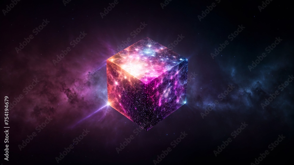 Cosmic cube radiating light with nebulae and stars on dark gradient Cosmic cube radiating light with nebulae and stars on dark gradient