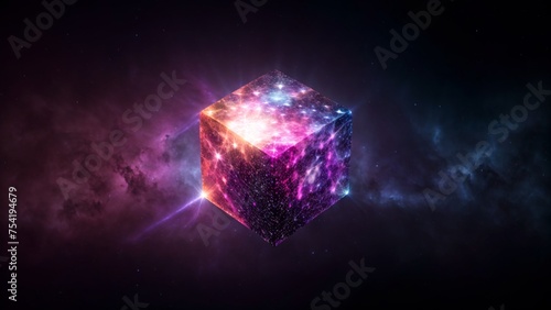 Cosmic cube radiating light with nebulae and stars on dark gradient © Fred