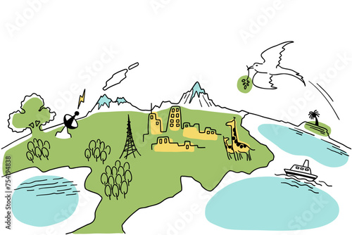 自然や町が共生する地球のイメージ線画イラスト