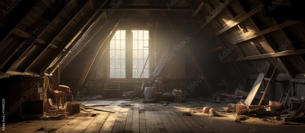 An attic in an abandoned house filled with wooden floors and a large window shedding light into the space. The room appears aged yet sturdy, with the wooden floors showing signs of wear and tear. An attic in an abandoned house filled with wooden floors and a large window shedding light into the space. The room appears aged yet sturdy, with the wooden floors showing signs of wear and tear.