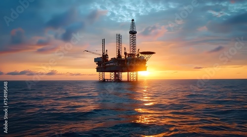 Offshore Jack Up Rig in The Middle of The Sea at Sunset Time © Lucky Ai