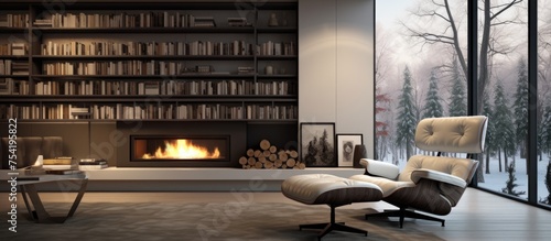 A modern living room featuring a cozy fireplace and a stylish chair, situated next to a bookcase. The room is well-lit and inviting, creating a comfortable and functional space.