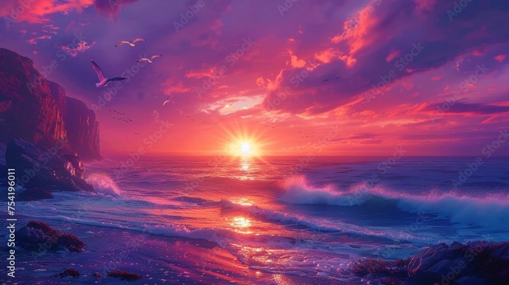 A breathtaking sunset over a coastal cliff, waves crashing against the rugged rocks below, vibrant hues painting the sky with streaks of orange and pink, seagulls soaring overhead