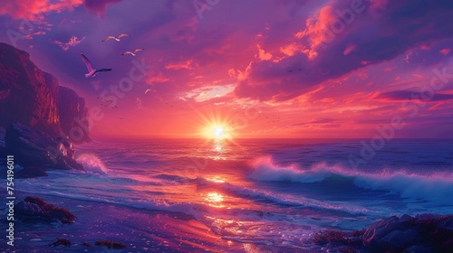 A breathtaking sunset over a coastal cliff  waves crashing against the rugged rocks below  vibrant hues painting the sky with streaks of orange and pink  seagulls soaring overhead
