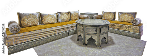 Obraz na płótnie Large moroccan couch with cushions and ornated table isolated w salonie