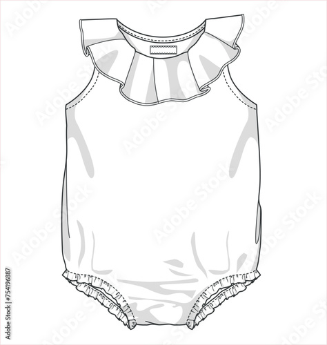 Baby wear templates, Newborn baby rompers Design Vector technical drawing, Infant clothing flat sketch. 