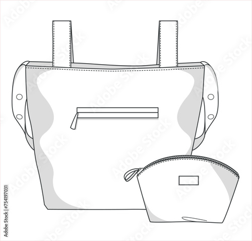 Women's Bag and makeup bag vector design template, technical drawing flat sketch.