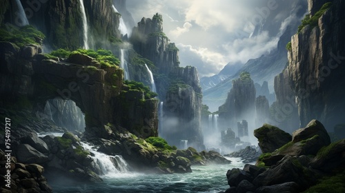 A majestic waterfall cascading down a sheer cliff face  the roar of rushing water echoing through the canyon  lush greenery clinging to the rocky walls
