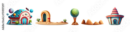 Vector cartoon cosmic houses. Planet iluustration. Futuristic city. Space element.