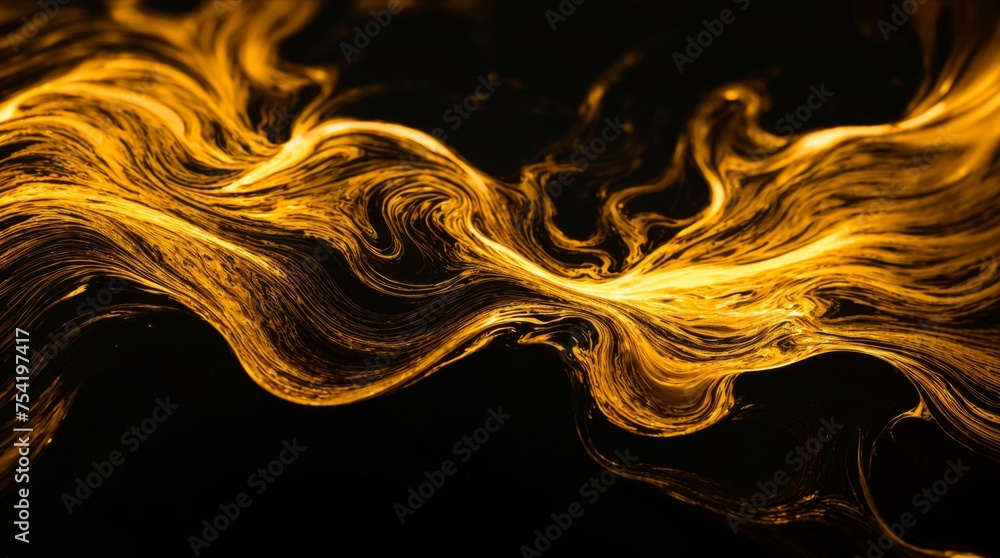 Golden fluidity swirls elegantly contrasting against dark backdrop Golden fluidity swirls elegantly contrasting against dark backdrop
