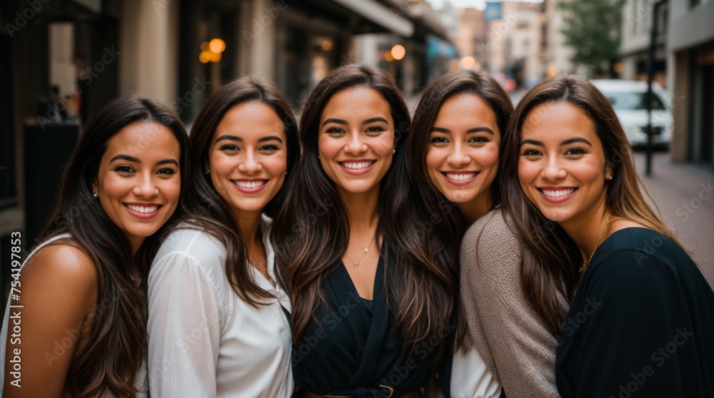 Fototapeta premium Happy ladies smiling in a city street group photo 