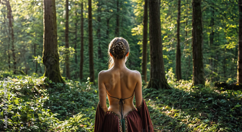 Young woman standing in the middle of a forest. Vissible back and medieval robe.