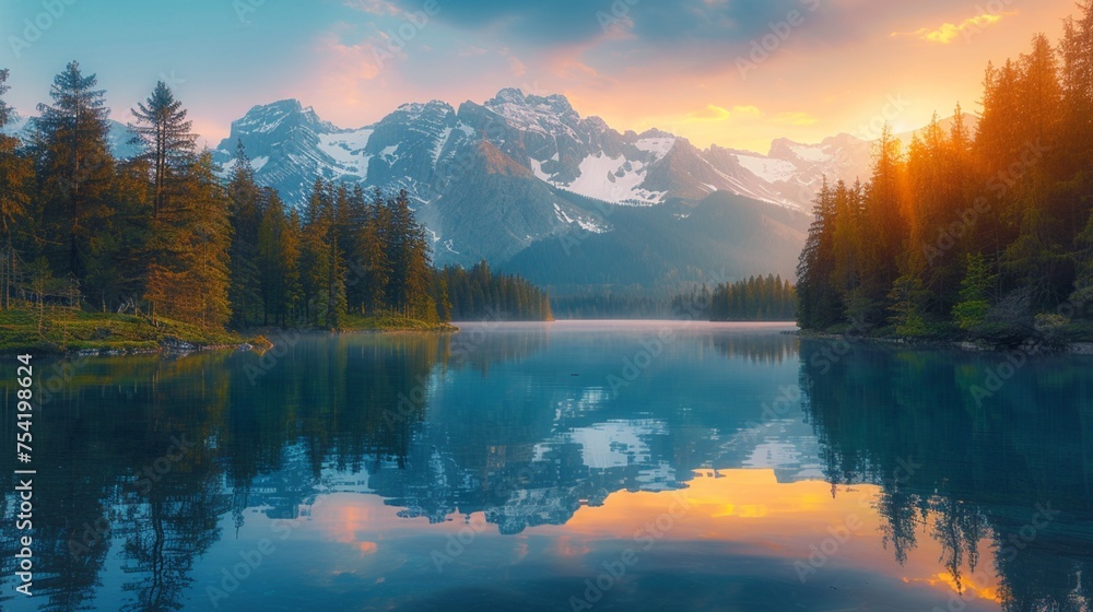 Fototapeta premium A serene mountain lake at sunset, with vibrant hues reflecting off the calm water, snow-capped peaks in the background, pine trees framing the scene, evoking tranquility and awe