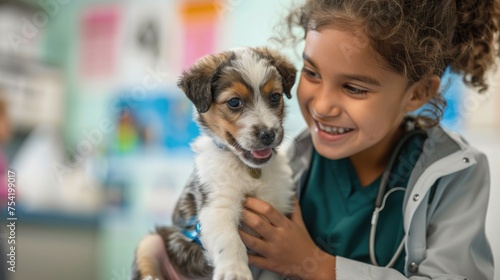 A heartwarming moment in a veterinary clinic, where a child is carefully petting a puppy after its check-up, illustrating the compassionate care animals receive