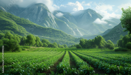 Regenerative Agriculture. Cultivation of bio food. Fields, land, soil, planting. Mountains on the background