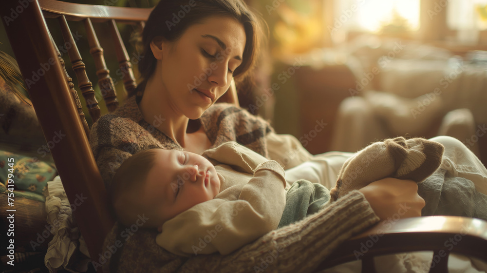 Young mother sitting in a rocking chair, a sleeping baby on her lap, in a cozy home setting with a warm and inviting atmosphere. Natural lighting is casting gentle shadows - obrazy, fototapety, plakaty 