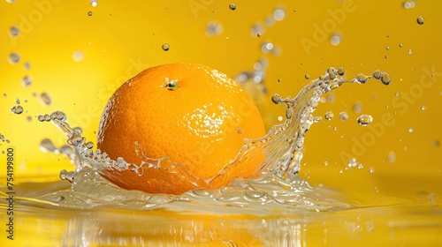 Orange fruit on the water isolated on yellow background