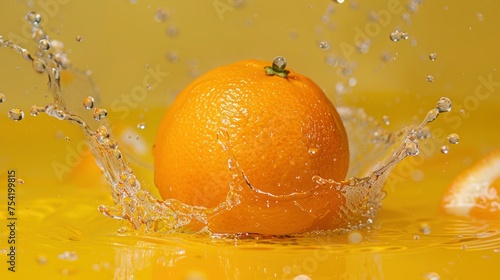 Orange fruit on the water isolated on yellow background