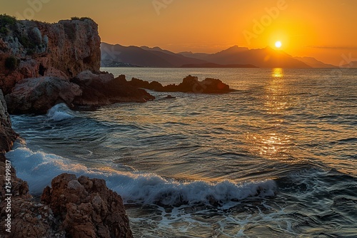 Sun Setting Over Ocean With Mountain Background