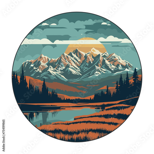 Majestic Snowy Mountains Against Giant Sunset Backdrop