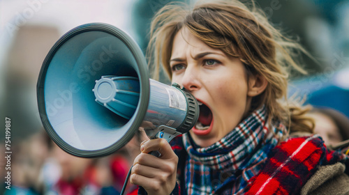 A woman shouting into a megaphone in the street for a protest or rally. © Ratthamond