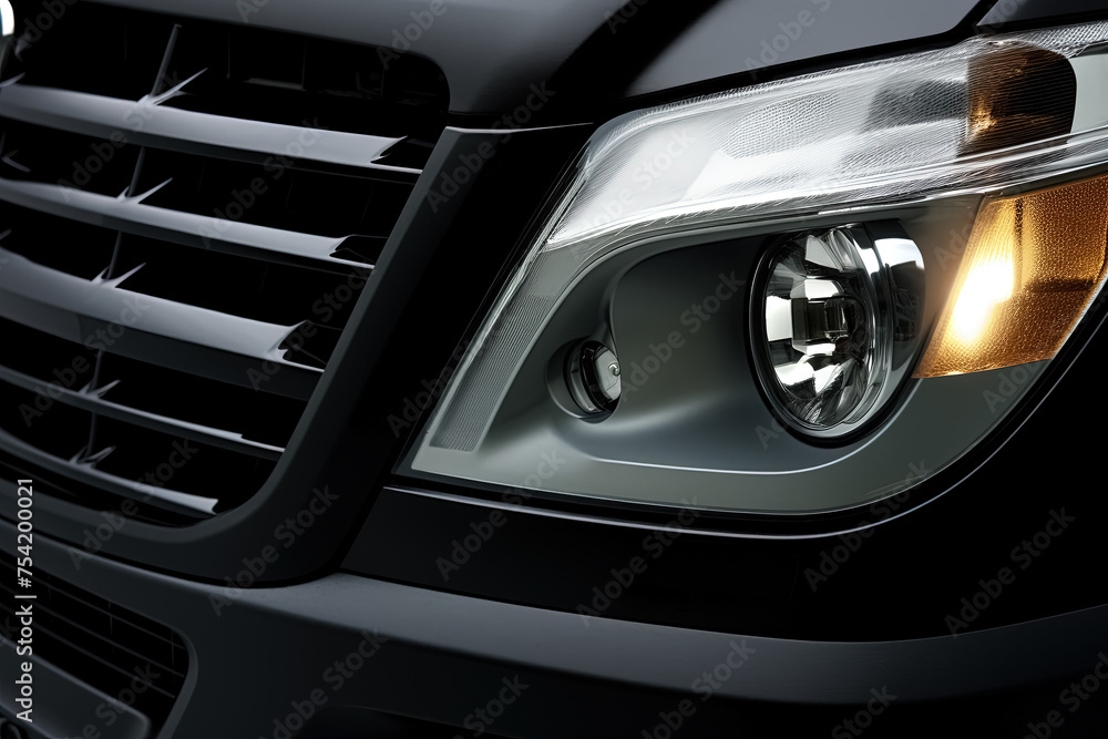 Front view of modern black car headlight closeup. Generative AI