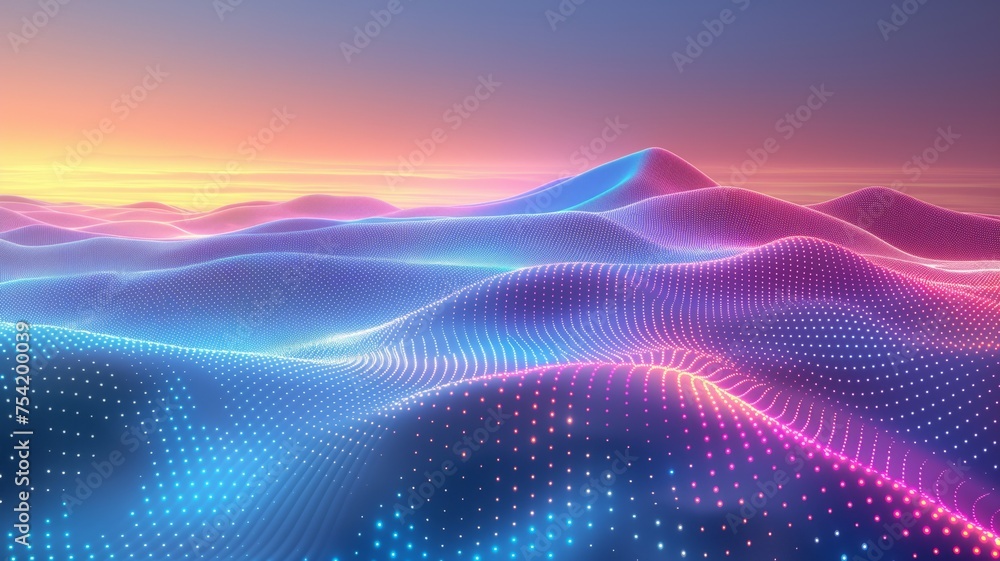 Digital neon waves in pink, blue, and green hues undulate across a futuristic landscape at dusk, emitting a vibrant glow - obrazy, fototapety, plakaty 