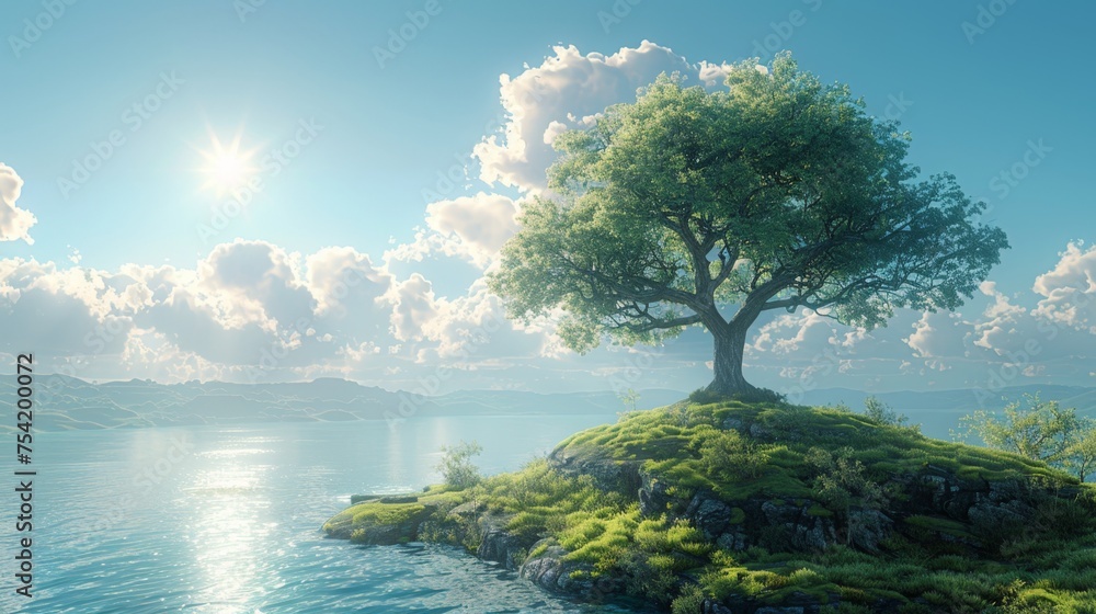 A lone tree stands on an isle against a bright sun and soft clouds - obrazy, fototapety, plakaty 