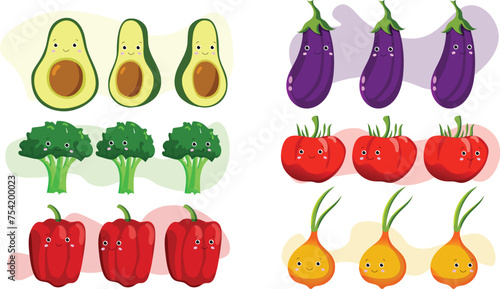 Various organic vegetable cartoon characters vector set, different angles. Avacado, Eggplant, Broccoli, Tomato, Pepper and Onion character ready to use im illustrations
