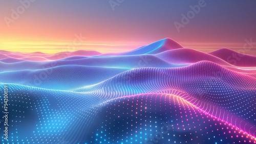Digital neon waves in pink, blue, and green hues undulate across a futuristic landscape at dusk, emitting a vibrant glow