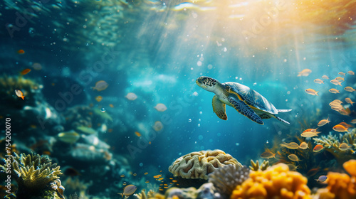 A vibrant underwater scene showcases reduced ocean waste and improved recycling on land. Colorful fish and turtle  a thriving coral reef depict a sustainable environment. photo