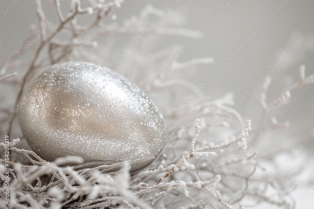 Silver Easter egg with shiny branches. Easter decor with copy space. Silver Easter egg with shiny branches. Easter decor with copy space.