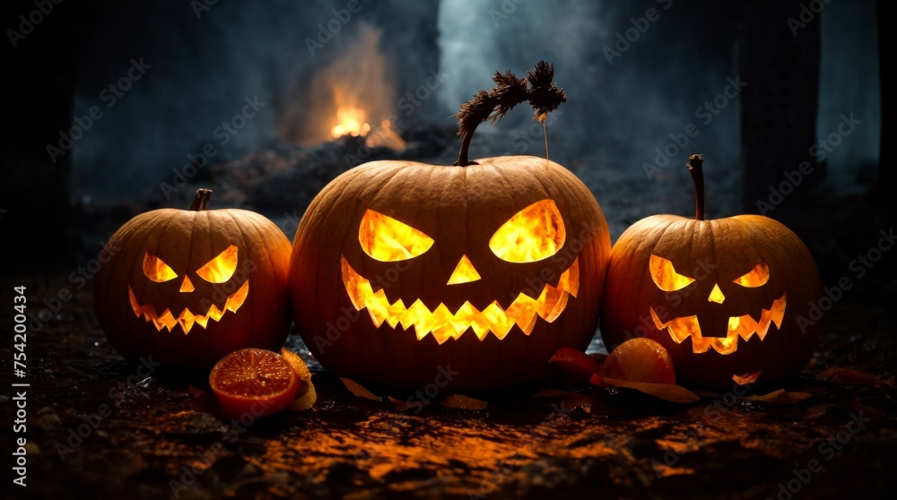Mystic glow of jack-o'-lanterns in the forest Mystic glow of jack-o'-lanterns in the forest