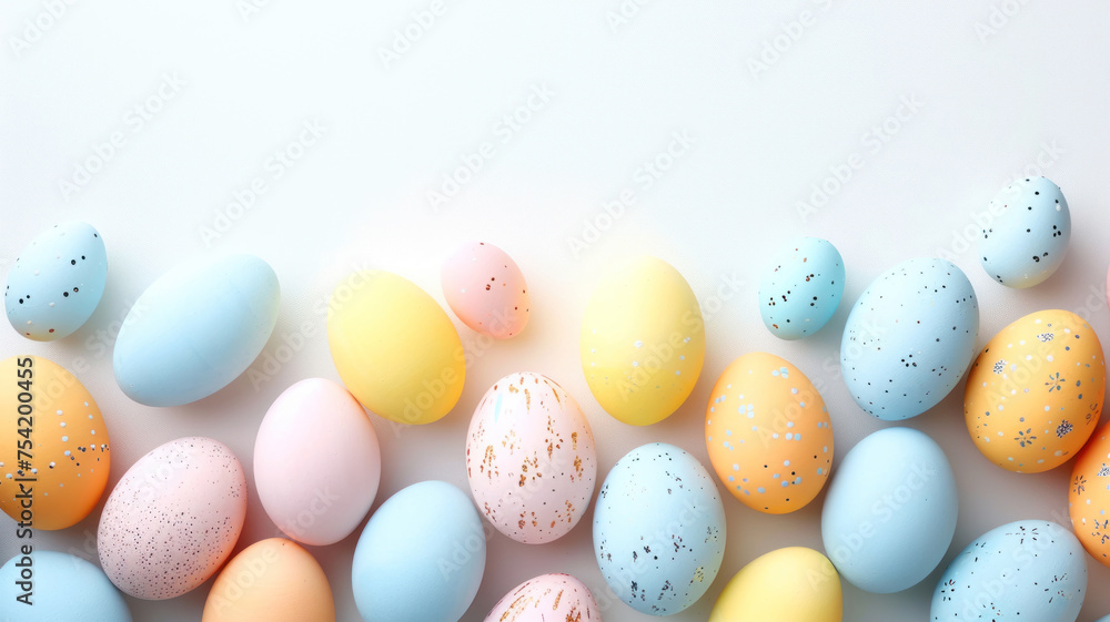 Multi-colored Easter eggs on a white background with copy space.