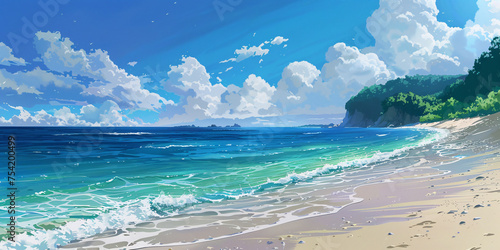 Beautiful ocean scene with sand beach and blue sky