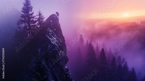lone climber rappelling toward the summit of a massive mountain overlooking misty forest at daybreak. volumetric lighting. faint traces of orange and purple in dawn sky. shot with mirrorless camera. 