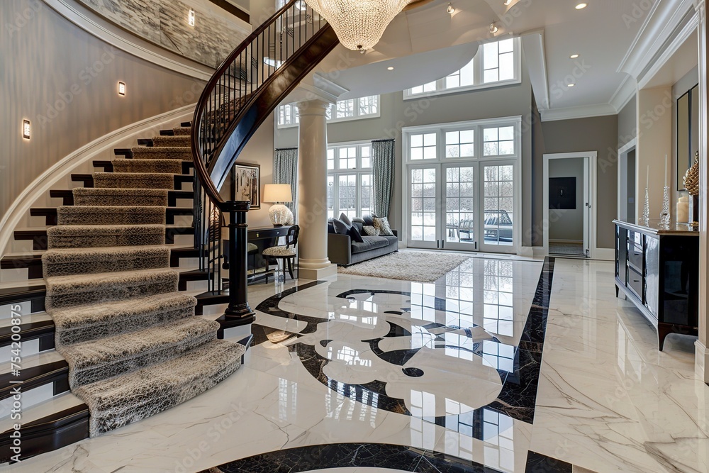 Fototapeta premium Grand Foyer With Marble Floors and Spiral Staircase
