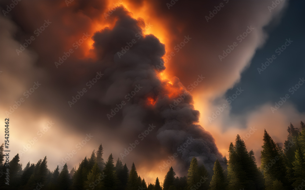 A darkened night sky filled with smoke and illuminated by flames from a forest fire.