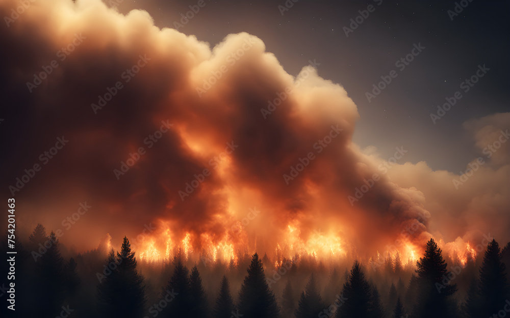 A darkened night sky filled with smoke and illuminated by flames from a forest fire.