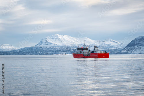 Scenic view of a red boat in a Norwegian fjord in winter