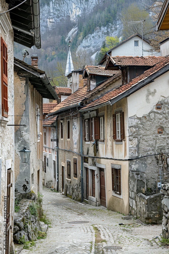 Wet Street Lined With Old Buildings and Mountains