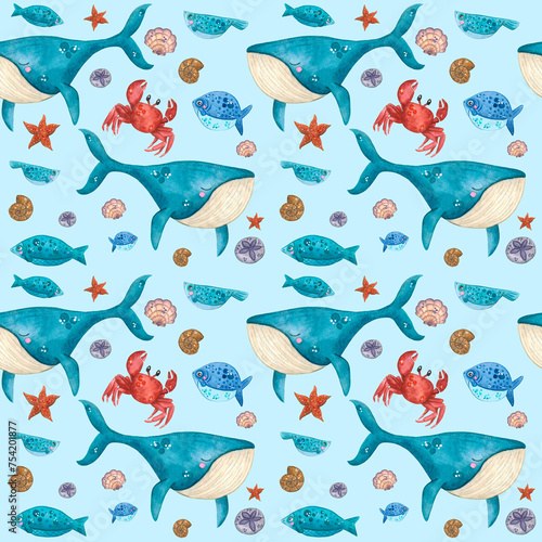 Fototapeta Naklejka Na Ścianę i Meble -  A pattern consisting of watercolor illustrations of sea animals. Whale, sperm whale, fish