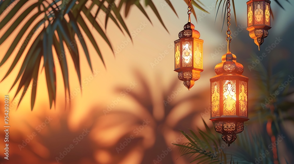 Eid mubarak festivity with tropical leaves and light - obrazy, fototapety, plakaty 