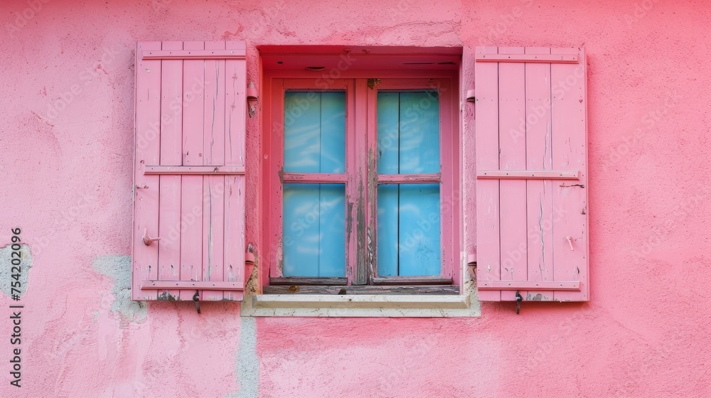 pink window with closed wooden shutters 