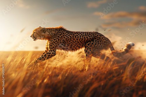 beautiful cheetah in the wild savannah in the grass taking off to run on a beautiful background of dry grass and sky at sunset with space for text or inscriptions
