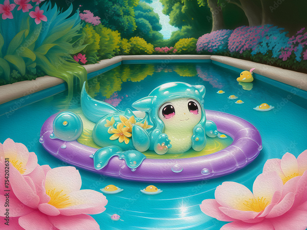 Cute Slime Creatures on Swimming Pool, Oil Painting